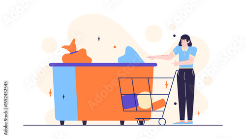 Woman emptying shopping cart into large bin. Suitable for retail, waste management, sustainability, and consumer behavior concepts in marketing materials.