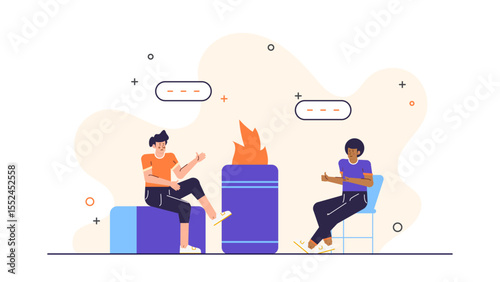 Two people discussing near a burning container, suitable for illustrating social issues, environmental problems, and urban decay themes.