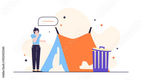 Woman deep in thought near a tent and trash can, suitable for illustrating homelessness, urban issues, vulnerability, or contemplation themes.