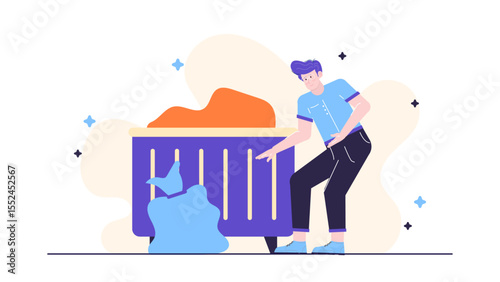 Man disposing blue bag in purple dumpster, waste management concept. Suitable for environmental, recycling, garbage disposal, and cleanliness themes.