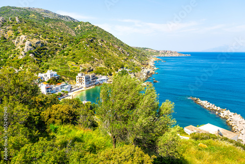 Therma, Ikaria townscape at island of Greece longevity blue zone cityscape of thermal hot springs city town village at Greek Icarian Aegean sea