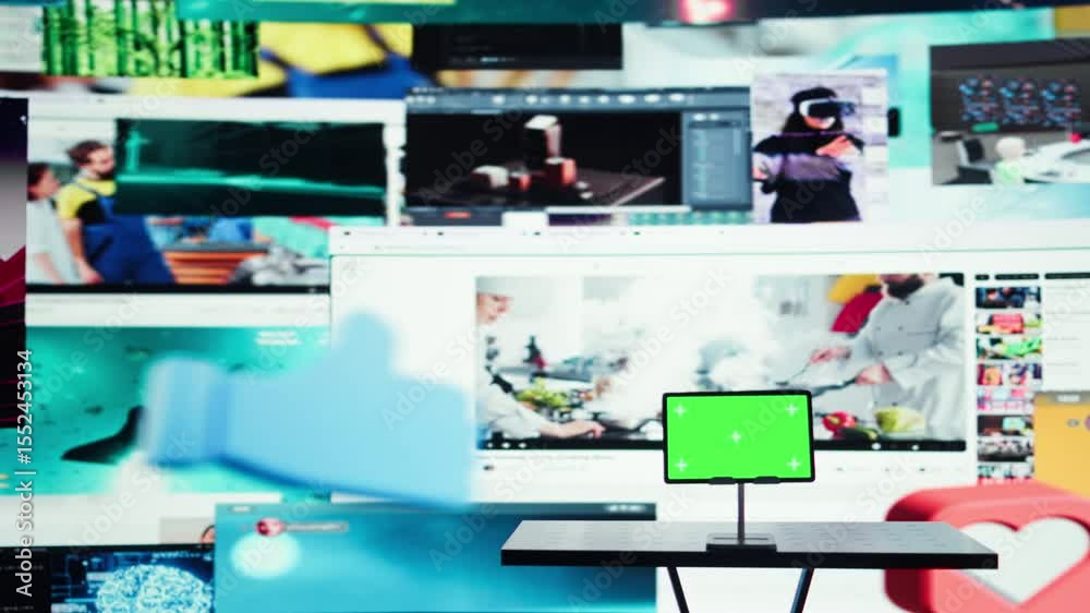 Mockup device and streaming website interface blending viral videos feed. Isolated screen tablet in front of video distribution service layout, concept of promoting on demand content browsing