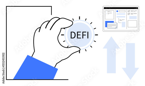 Hand holding decentralized finance token with digital interface and upward-downward arrows. Ideal for blockchain, cryptocurrency, investments, finance, fintech, innovation, trading. Simplistic flat