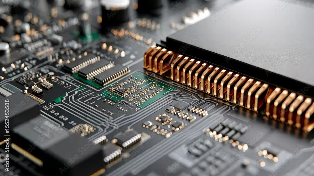Close-up of a modern circuit board showcasing intricate details of electronic components and connections. Close-up of a modern circuit board showcasing intricate details of electronic components and connections.