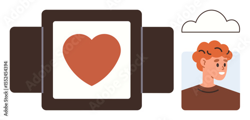 Heart framed in a dark rectangle alongside a cheerful person under a cloud. Ideal for love, empathy, kindness, connection, humanity, mindfulness, relationships. Simple flat metaphor