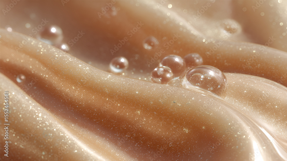 Obraz premium Shiny golden substance with small water droplets reflecting light in a macro abstract texture background.