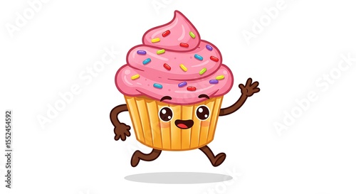 Cheerful cartoon cupcake character running with sprinkles and pink frosting