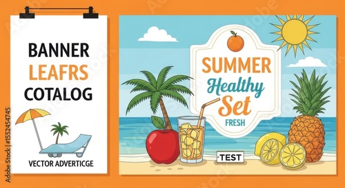Beach Summer Healthy Set Fresh Tropical Fruits Refreshing Drink and Beach Accessories Vector Illustration