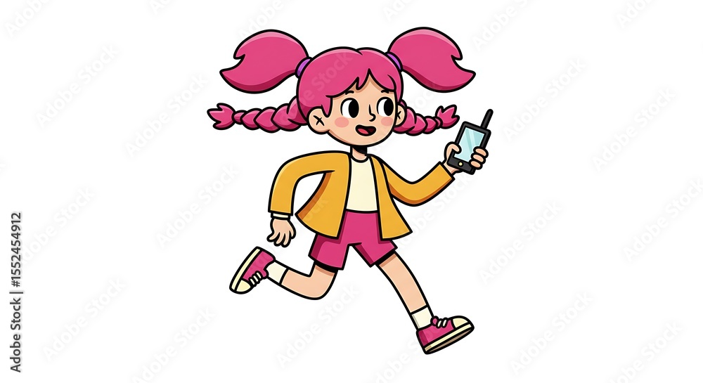 Fototapeta premium Cartoon girl running with mobile phone in hand on white background