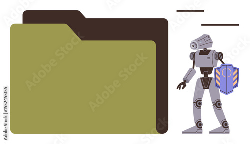 Robot holding shield beside folder, symbolizing cybersecurity, data storage, protection, technology, privacy, digital safety and futuristic concepts. Ideal for IT AI secure storage themes. Simple