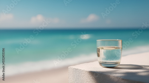 Refreshing drink by the serene beach. A perfect vacation moment captured in a glass against ocean backdrop.