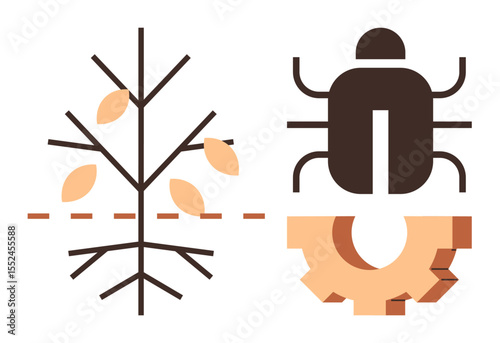 Minimalist illustration of a leafless tree, falling leaves, beetle, and gear symbolizing deforestation, pest invasion, eco-tech, climate impact. Ideal for nature, ecology industry conservation