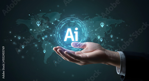 Wallpaper Mural AI Technology in Hand with World Map Torontodigital.ca