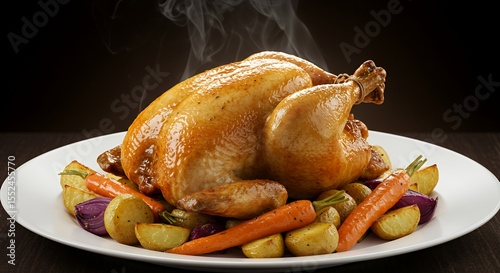 Golden-Brown Roast Chicken with Roasted Vegetables, Steaming Hot and Ready to Serve