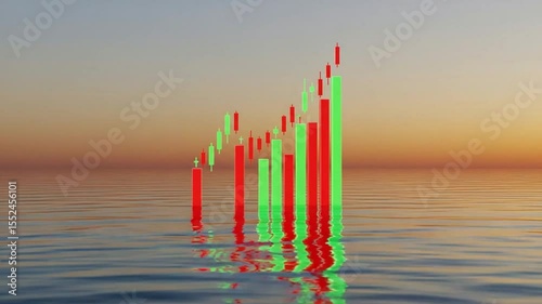 Candlestick Chart Rising Above Calm Ocean at Sunset