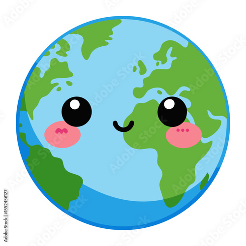 Cute, happy cartoon Earth globe with a smiling face and rosy cheeks.
