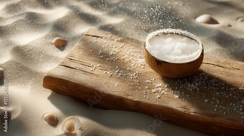 Refreshing coconut drink on a wooden board, seaside paradise with scattered shells and fine sand