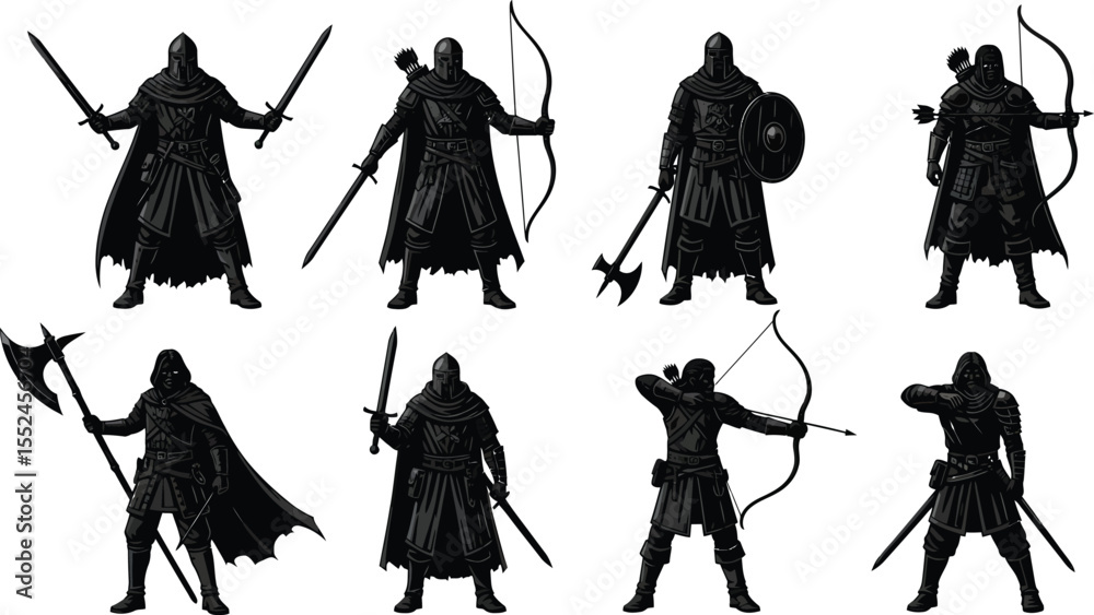Obraz premium Medieval Fantasy Character Silhouettes - Adventure & Combat Icons