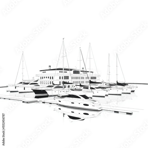 A yacht club with boats moored in the marina
