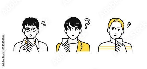 スマホ 悩む 若い男性 アイコン イラスト セット
