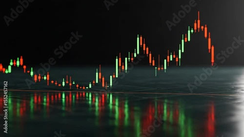 Fluctuating Stock Chart with Red and Green Candles on Reflective Surface