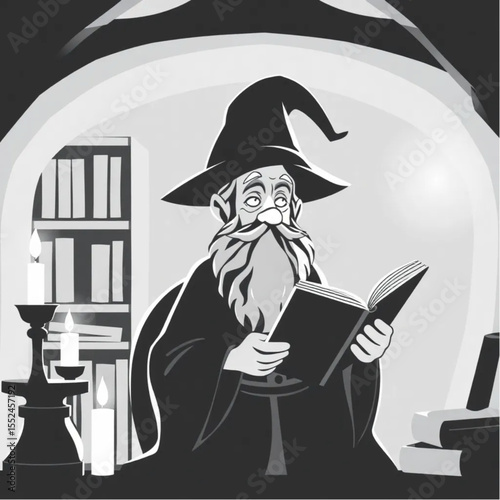 A wise old wizard reading in a candlelit library