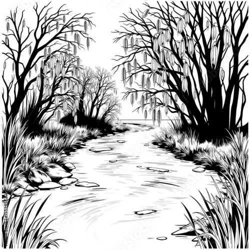 A winding stream bordered by ancient willows