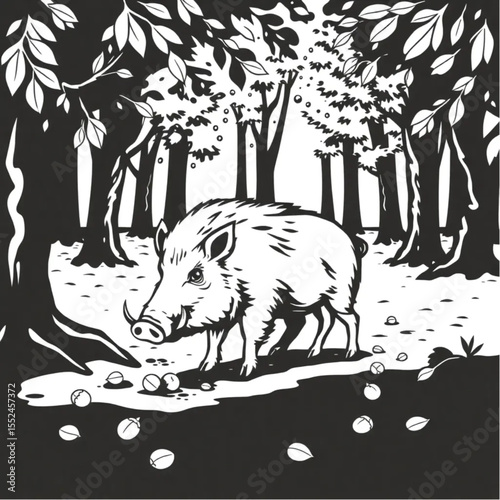 A wild boar rooting for acorns in oak forests