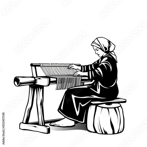 A weaver working at an old wooden loom