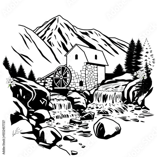 A water mill beside a rushing mountain stream