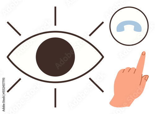 Large eye with radiating lines signifying attention, a pointing hand selecting a phone icon. Ideal for focus, choice, decision-making, communication, interaction, accessibility and minimalism. Clean