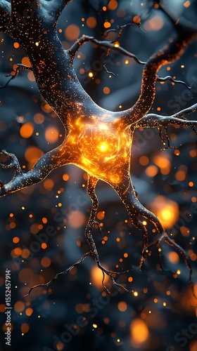 Glowing neuron with vibrant orange sparks