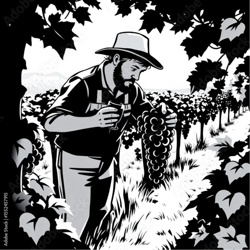 A vintner checking grapes in morning light