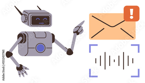 Robot pointing at an alert envelope and viewing a voice recognition waveform below. Ideal for AI technology, communication, notifications, automation, robotics, digital assistance, innovation, simple