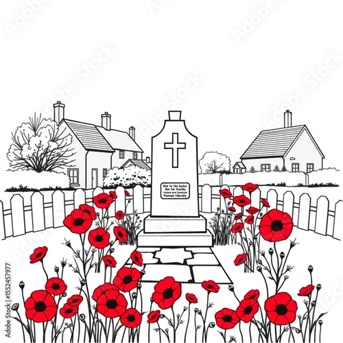 A village war memorial surrounded by remembrance p...