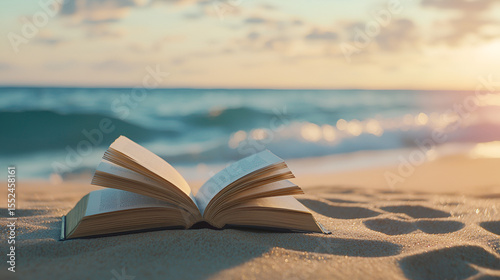 Book on the beach, sun shining on the water. Relaxing moment, enjoying a good book by the sea.