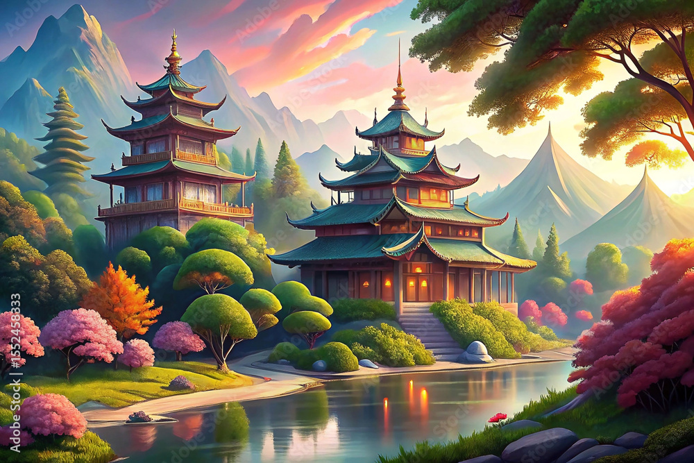 Naklejka premium Serene Asian-inspired landscape featuring two tiered pagodas nestled amidst lush greenery, a tranquil pond reflecting the sunset's warm hues over majestic mountains