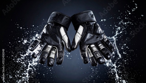Hockey Gloves and Splashing Water: A dramatic and dynamic shot showcasing a pair of black hockey gloves amidst a splash of water, rendered in a captivating and photorealistic style. photo