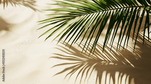 Palm leaf casting shadows on a sandy surface. Tropical vibes with calming neutral tones, perfect for summer.
