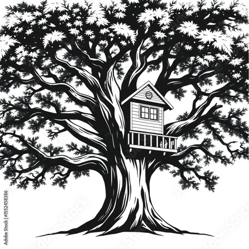 A tree house built high in spreading oak branches
