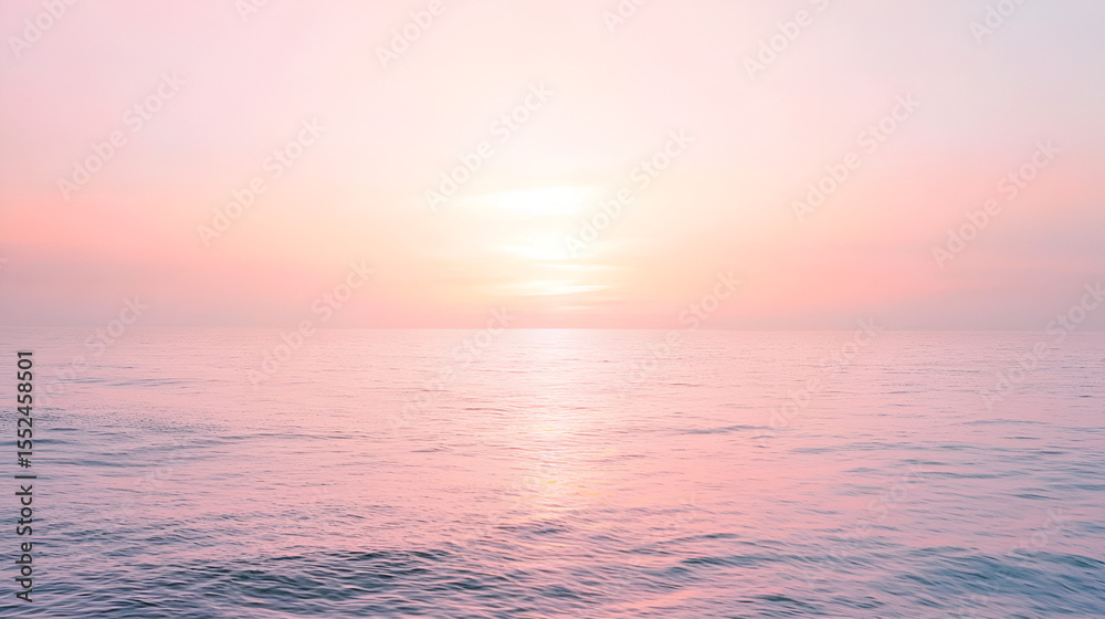 Naklejka premium Serene ocean view under a soft, pastel sunrise sky, reflecting in the tranquil water.