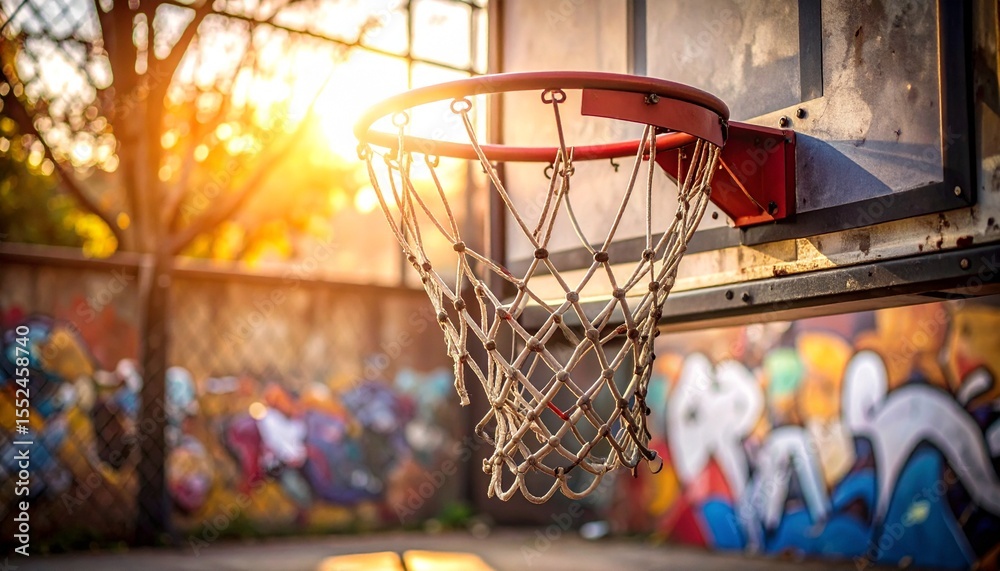 Obraz premium Basketball Hoop at Sunset: A close-up of a basketball hoop against the backdrop of a vibrant street art mural at sunset, capturing a moment of urban sport and artistry.
