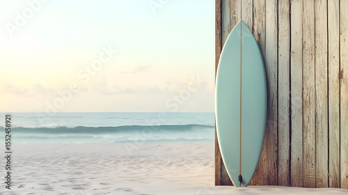 Surfboard leaning on weathered wooden wall against a tranquil beach backdrop at sunrise or sunset.