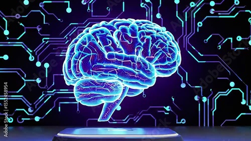 Brain Emerging From A Complex Network - Artificial Intelligence, Learning, Mental Health, Psychology - Blue Version