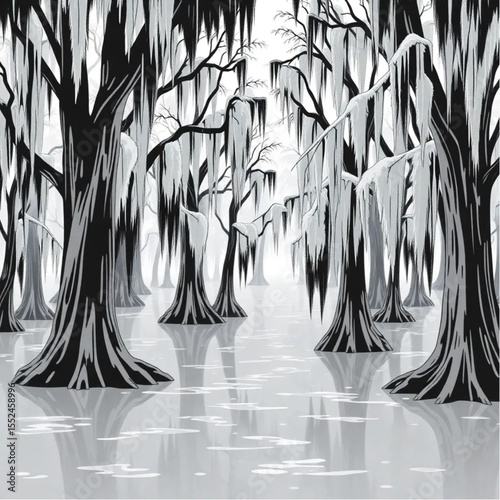 A swamp with cypress trees draped in moss