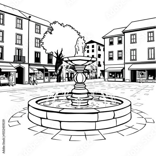 A stone fountain splashing in a sunny town square