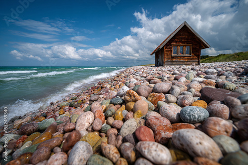 Wooden cabin sitting on a rocky beach with colorful stones and waves approaching under a dramatic blue sky
