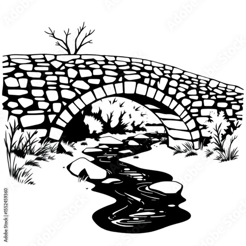A stone bridge arching over a babbling brook