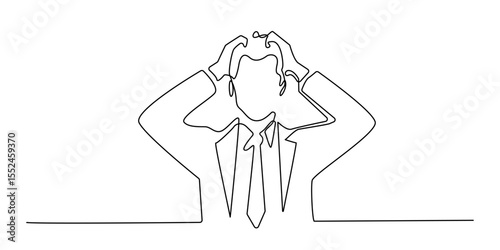continuous line frustrated business man.single line art pose of man in suit holding head.isolated white background