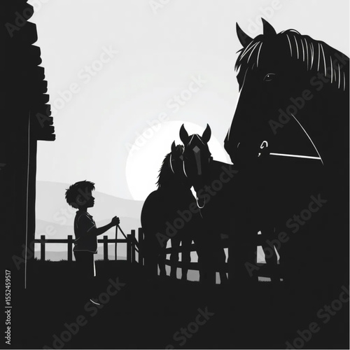 A stable boy grooming horses at dawn